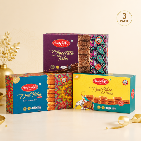 toshewala sweets combo desighee, diet and chocolate tosha pack of 3, 600 gms