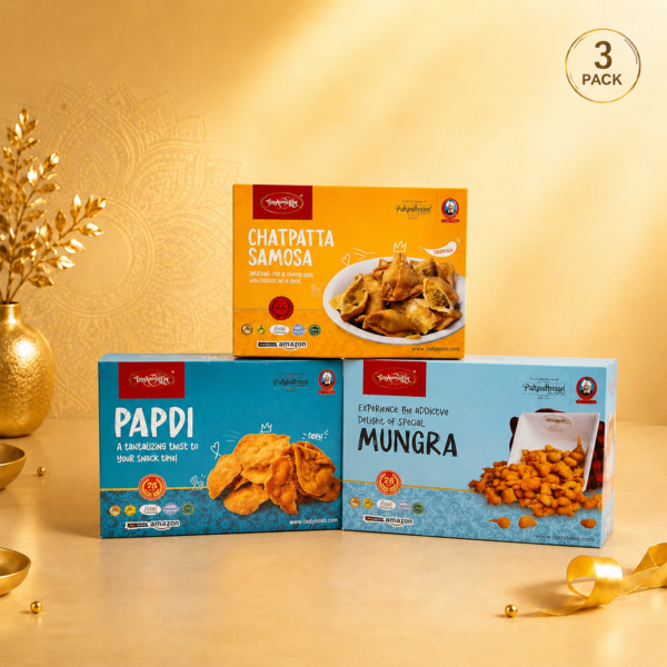 toshewala premium namkeen combo chatpatta samosa, papdi and mungra pack of 3, 750 gms.